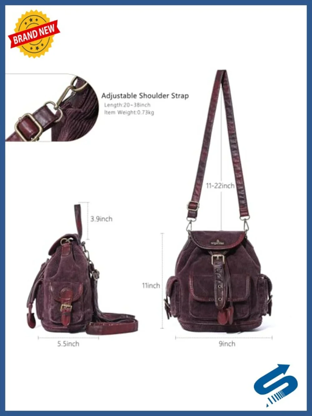 Small Corduroy Backpack Purse, 3-in-1 Convertible Shoulder Bag with Detachable